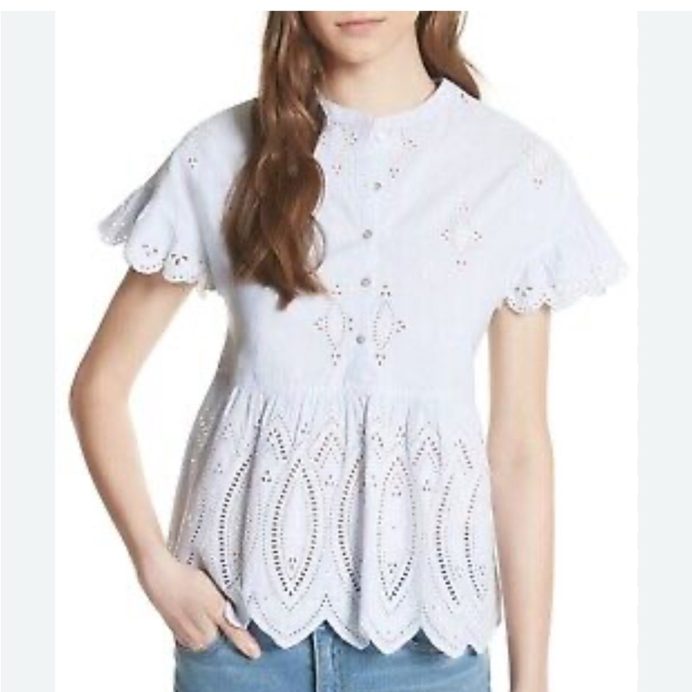 Joie Cerelia Eyelet Blouse (pale blue/white stripe) in Small.